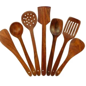 Handmade Wooden Serving and Cooking Spoons Brown Spoons Kitchen Utensil Set 7Pcs