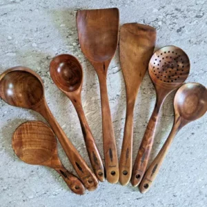 Montuk 7 Pcs Natural Teak Wood Cooking Utensils Set For Kitchen, Spoon set.