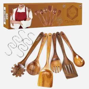 6 Pcs Wooden Spoons for Cooking Utensils, Natural Teak Wooden Cooking Spoons wit